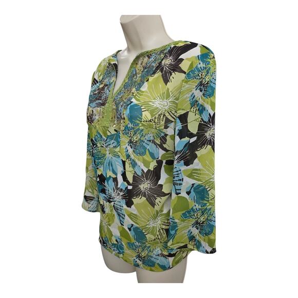 Y2K New York & Co. Womens Floral Sheer W Sequins V Neck Blouse Green Sz M - Picture 4 of 7
